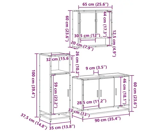 Vonios Baldų Komplektas, 3 Dalių, Rudas Ąžuolo, Mediena