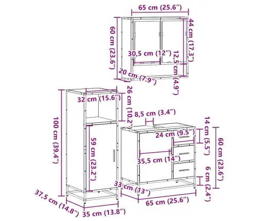 Vonios Baldų Komplektas, 3 Dalių, Ąžuolo, Apdirbta Mediena