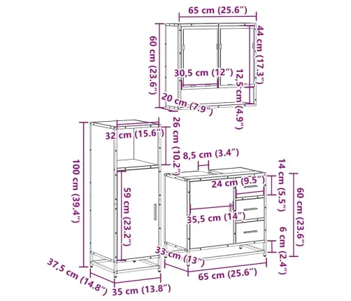 3-Osaline Vannitoa Mööblikomplekt, Suitsutatud Tamm, Tehispuit