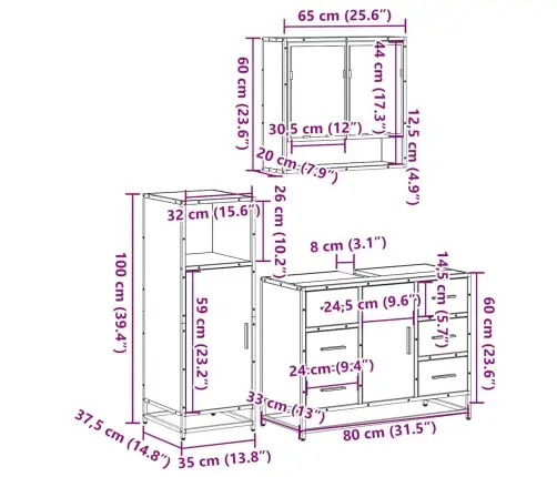 Vonios Baldų Komplektas, 3 Dalių, Rudas Ąžuolo, Mediena