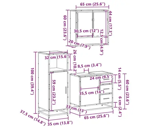 3-Osaline Vannitoa Mööblikomplekt, Pruun Tamm, Tehispuit