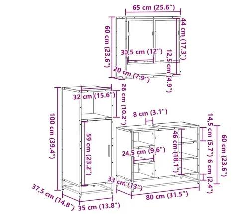 3-Daļīgs Vannasistabas Mēbeļu Komplekts, Pelēka Ozolkoka Krāsa Vidaxl