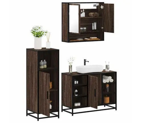 Vonios Baldų Komplektas, 3 Dalių, Rudas Ąžuolo, Mediena Vonios Baldų Komplektas, 3 Dalių, Rudas Ąžuolo, Mediena