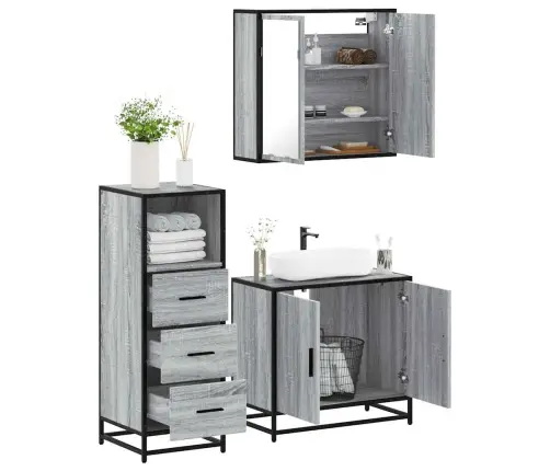 3-Daļīgs Vannasistabas Mēbeļu Komplekts, Pelēka Ozolkoka Krāsa Vidaxl