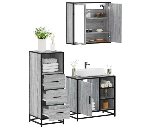 3-Daļīgs Vannasistabas Mēbeļu Komplekts, Pelēka Ozolkoka Krāsa Vidaxl