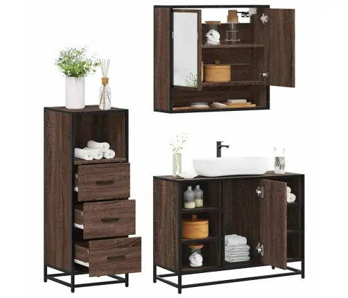 3-Osaline Vannitoa Mööblikomplekt, Pruun Tamm, Tehispuit