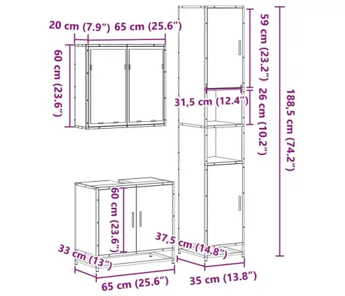 3-Osaline Vannitoa Mööblikomplekt, Suitsutatud Tamm, Tehispuit