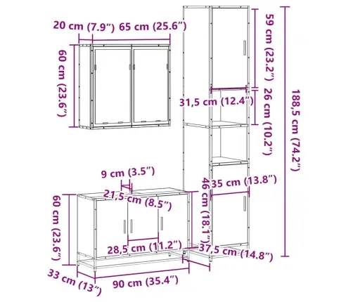 3-Osaline Vannitoa Mööblikomplekt, Suitsutatud Tamm, Tehispuit