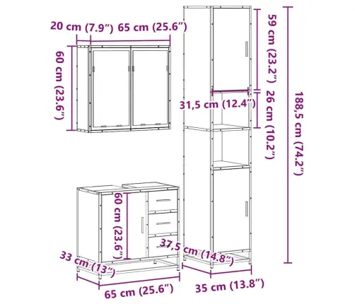 3-Osaline Vannitoa Mööblikomplekt, Suitsutatud Tamm, Tehispuit