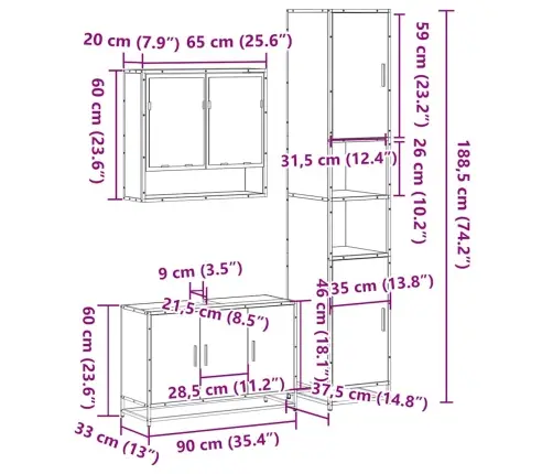 Vonios Baldų Komplektas, 3 Dalių, Ąžuolo, Apdirbta Mediena