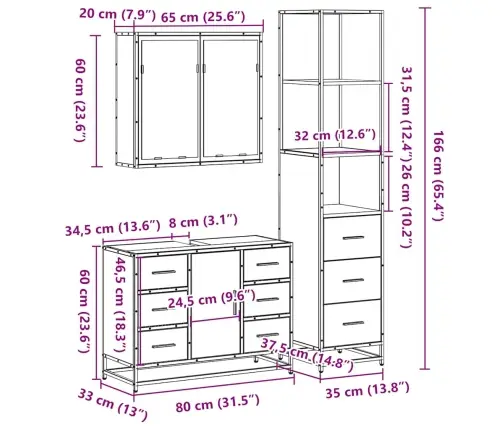 3-Osaline Vannitoa Mööblikomplekt, Suitsutatud Tamm, Tehispuit