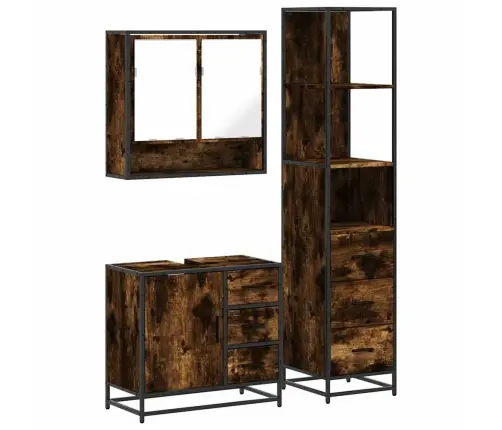 3-Osaline Vannitoa Mööblikomplekt, Suitsutatud Tamm, Tehispuit 3-Osaline Vannitoa Mööblikomplekt, Suitsutatud Tamm, Tehispuit