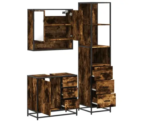 3-Osaline Vannitoa Mööblikomplekt, Suitsutatud Tamm, Tehispuit 3-Osaline Vannitoa Mööblikomplekt, Suitsutatud Tamm, Tehispuit