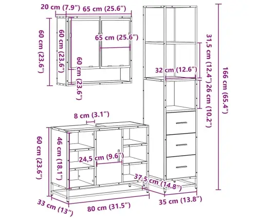 3-Daļīgs Vannasistabas Mēbeļu Komplekts, Pelēka Ozolkoka Krāsa Vidaxl