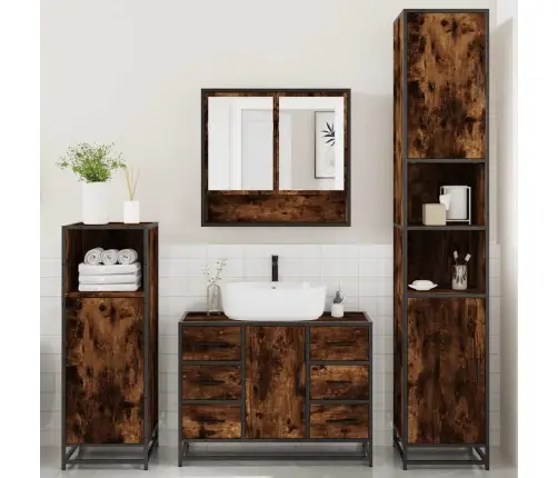 4-Osaline Vannitoa Mööblikomplekt, Suitsutatud Tamm, Tehispuit 4-Osaline Vannitoa Mööblikomplekt, Suitsutatud Tamm, Tehispuit