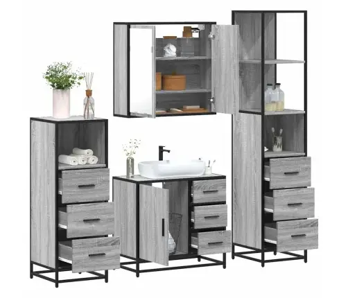 4-Osaline Vannitoamööbli Komplekt, Hall Sonoma Tamm, Tehispuit 4-Osaline Vannitoamööbli Komplekt, Hall Sonoma Tamm, Tehispuit