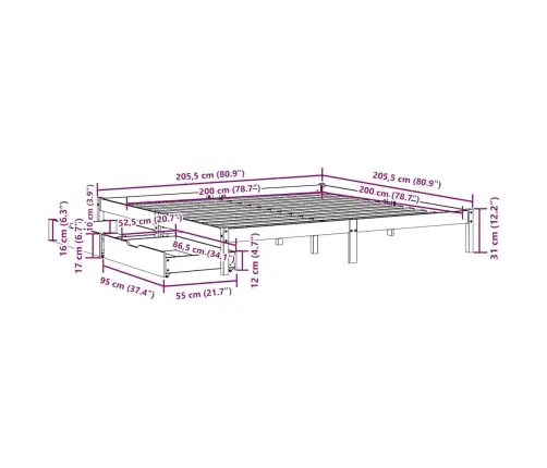 Gulta Bez Matrača, Balts, 200X200 Cm, Priedes Masīvkoks Vidaxl