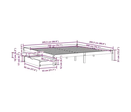 Gulta Bez Matrača, Vaska Brūnas, 200X200 Cm, Priedes Masīvkoks Vidaxl