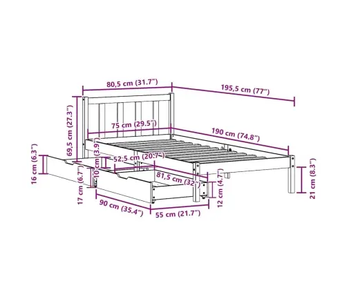 Voodiraam Ilma Madratsita, 75 X 190 cm Männipuit