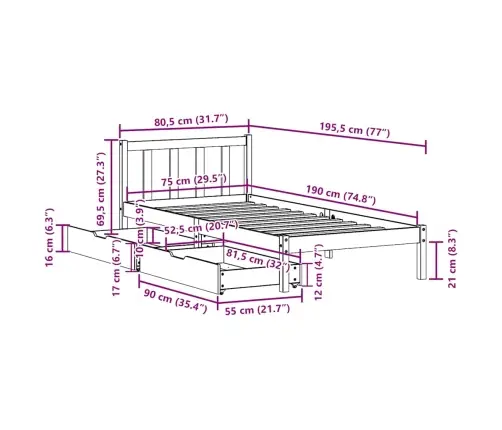 Voodiraam Ilma Madratsita, Valge, 75 X 190 cm Männipuit