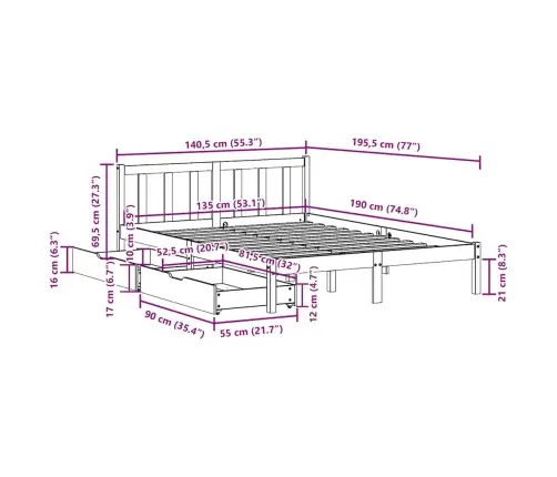 Lovos Rėmas Be Čiužinio, 135X190cm Pušies Medienos Masyvas