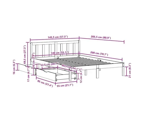 Gulta Bez Matrača, 140X200 Cm, Priedes Masīvkoks Vidaxl