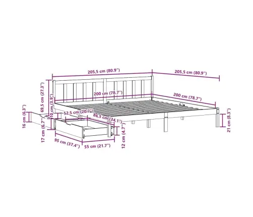 Gulta Bez Matrača, Balts, 200X200 Cm, Priedes Masīvkoks Vidaxl