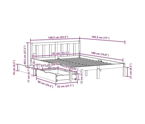 Gulta Bez Matrača, Vaska Brūnas, 135X190 Cm, Priedes Masīvkoks Vidaxl