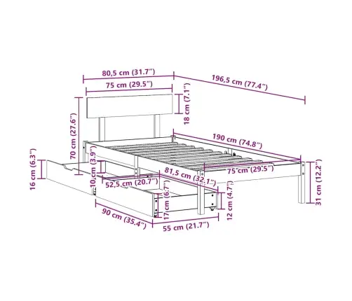 Gulta Bez Matrača, Balts, 75X190 Cm, Priedes Masīvkoks Vidaxl