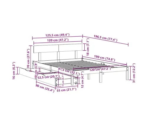 Gulta Bez Matrača, Balts, 120X190 Cm, Priedes Masīvkoks Vidaxl