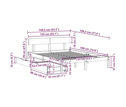 Gulta Bez Matrača, Balts, 135X190 Cm, Priedes Masīvkoks Vidaxl