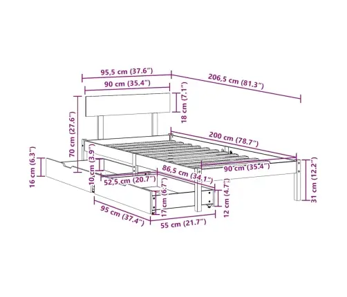 Lovos Rėmas Be Čiužinio, 90X200cm Pušies Medienos Masyvas