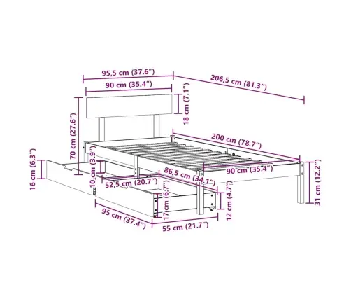 Voodiraam Ilma Madratsita, Valge, 90 X 200 cm Männipuit