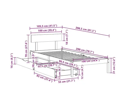 Gulta Bez Matrača, Balts, 100X200 Cm, Priedes Masīvkoks Vidaxl