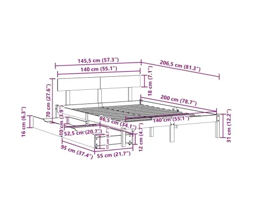 Gulta Bez Matrača, 140X200 Cm, Priedes Masīvkoks Vidaxl