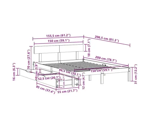 Lovos Rėmas Be Čiužinio, 150X200cm Pušies Medienos Masyvas