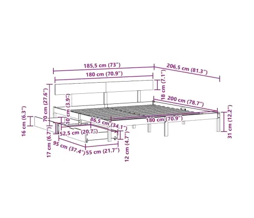 Gulta Bez Matrača, 180X200 Cm, Priedes Masīvkoks Vidaxl