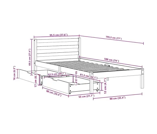 Gulta Bez Matrača, 90X190 Cm, Priedes Masīvkoks Vidaxl