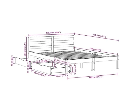 Gulta Bez Matrača, Balts, 120X190 Cm, Priedes Masīvkoks Vidaxl