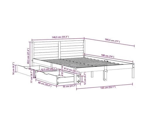 Voodiraam Ilma Madratsita, 135 X 190 cm Männipuit