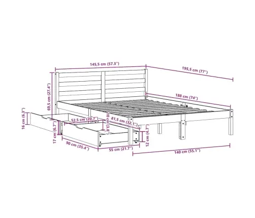 Gulta Bez Matrača, Balts, 140X190 Cm, Priedes Masīvkoks Vidaxl