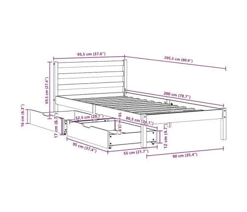 Lovos Rėmas Be Čiužinio, 90X200cm Pušies Medienos Masyvas