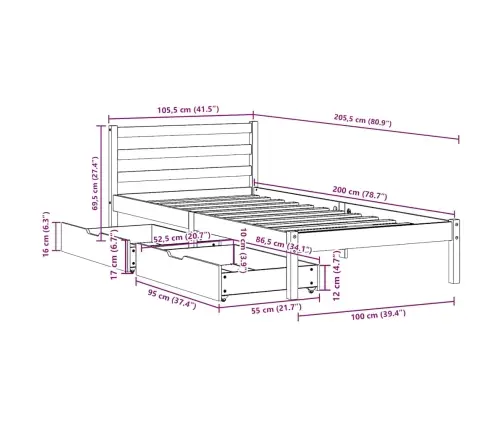 Voodi Ilma Madratsita, 100 X 200 cm Männipuit