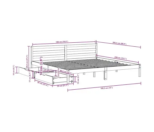 Gulta Bez Matrača, Balts, 180X200 Cm, Priedes Masīvkoks Vidaxl