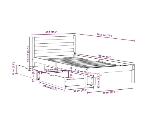 Gulta Bez Matrača, Vaska Brūnas, 90X190 Cm, Priedes Masīvkoks Vidaxl