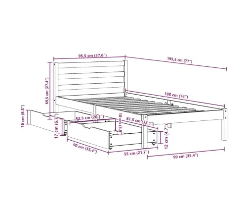 Gulta Bez Matrača, Vaska Brūnas, 90X190 Cm, Priedes Masīvkoks Vidaxl