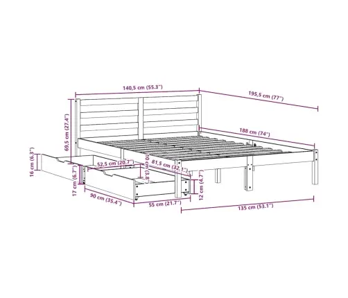 Gulta Bez Matrača, Vaska Brūnas, 135X190 Cm, Priedes Masīvkoks Vidaxl