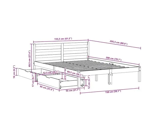 Voodiraam Ilma Madratsita, Vahapruun, 150 X 200 cm Männipuit