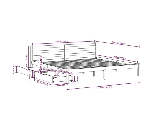 Gulta Bez Matrača, Vaska Brūnas, 180X200 Cm, Priedes Masīvkoks Vidaxl