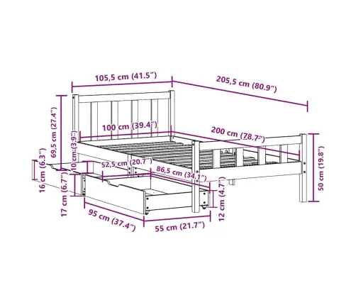 Voodi Ilma Madratsita, 100 X 200 cm Männipuit